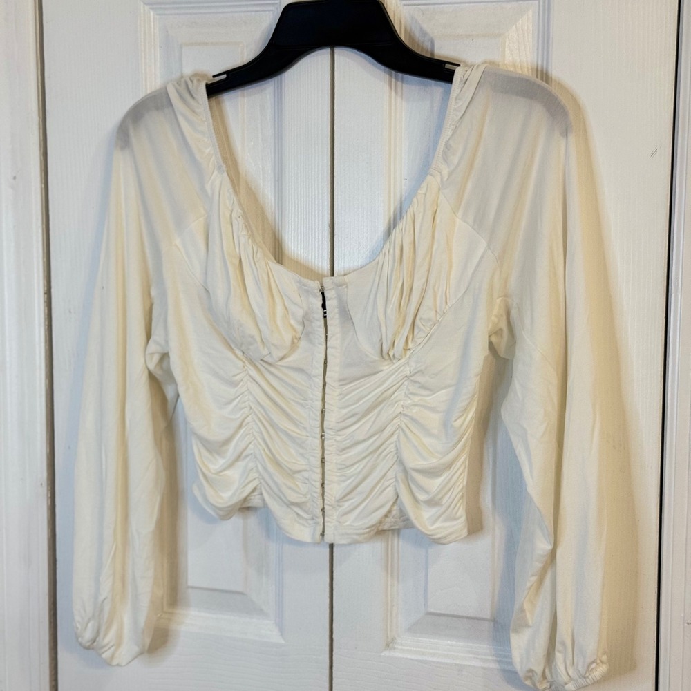 CIDER Ruched Front off shoulder Long Sleeve Crop Top Hook & Eye‎ White Blouse  S